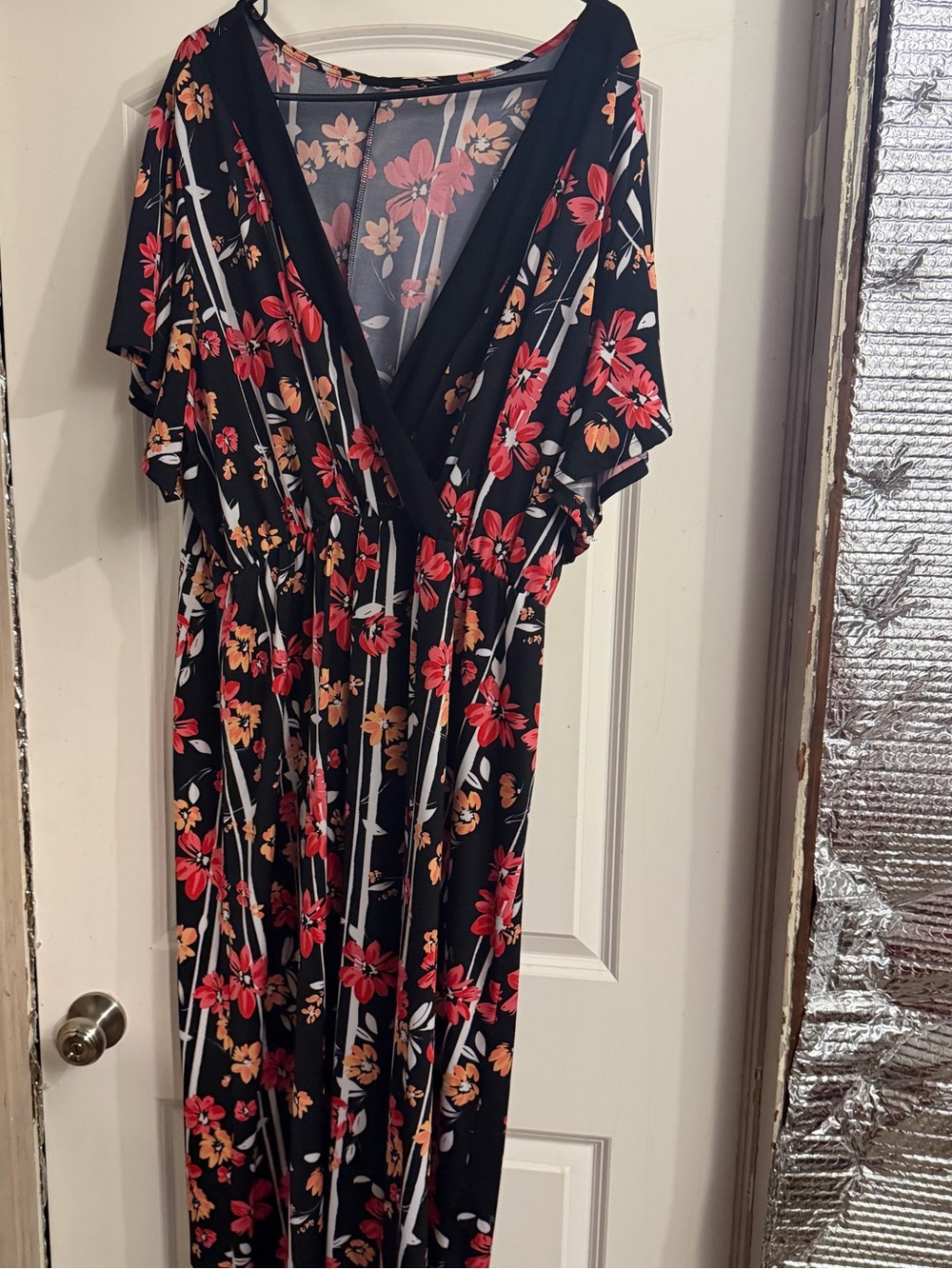 Floral Wrap Maxi Dress - Black with Red & Peach Flowers